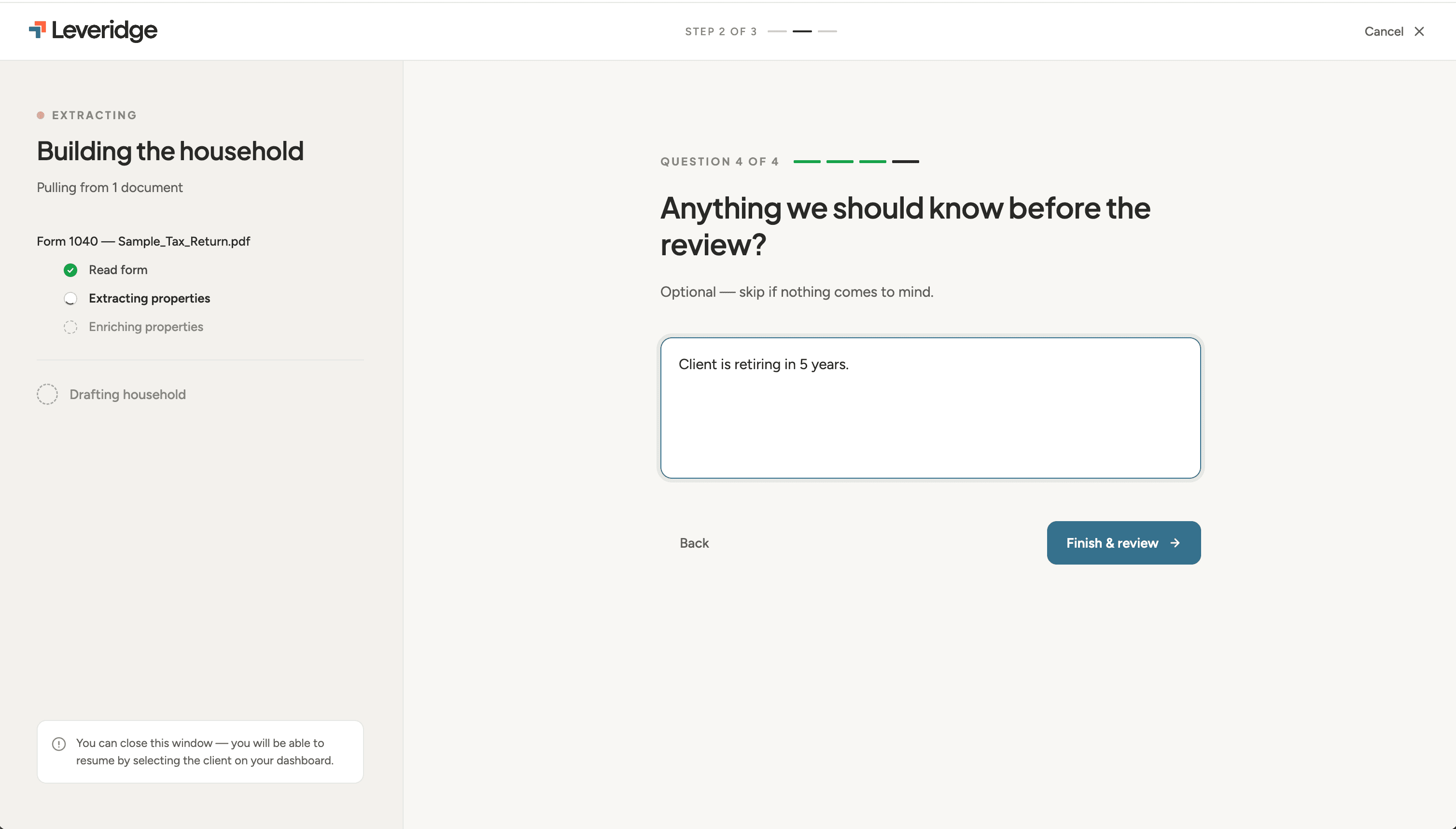 Leveridge client intake — adding a client and uploading a tax return